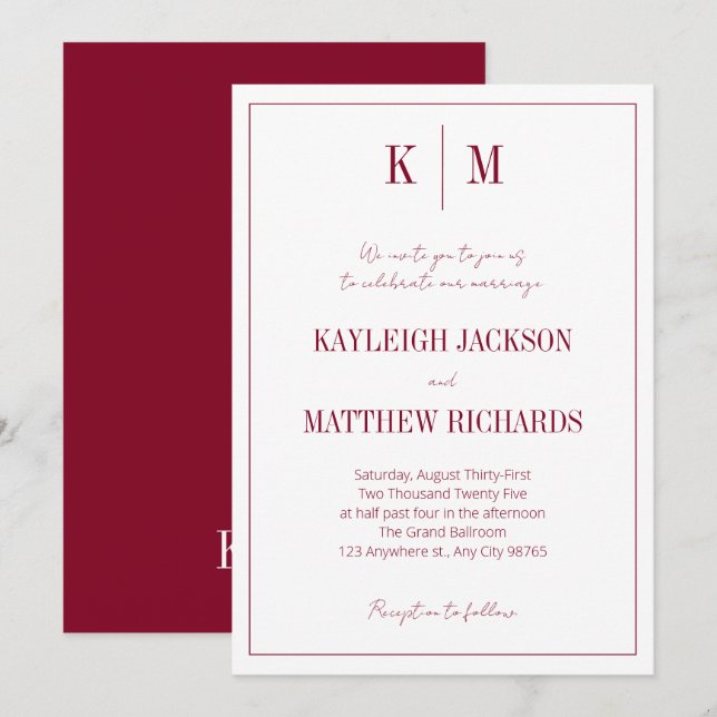 Invitación Boda elegante del Monograma Rojo Borgoña Clásico (Anverso / Reverso)