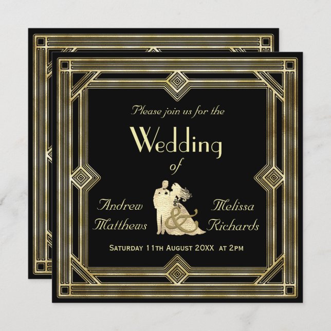 Invitación Boda elegante del negro del oro del art déco (Anverso / Reverso)