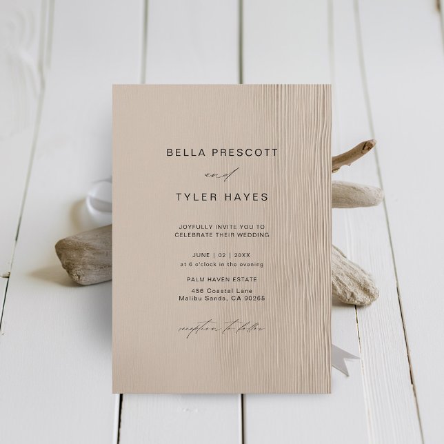 Invitación Boda Elegante del Océano Océano de arena dorada co (Coastal Wedding Invitation Elegant Modern Minimalist Driftwood Beach Ocean Sand Ecru Beige )