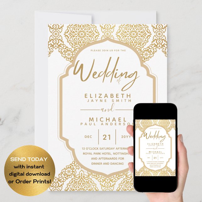 Invitación Boda elegante del Ornato Blanco del Oro Clásico (Subido por el creador)