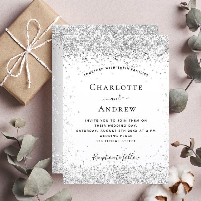 Invitación Boda elegante del purpurina de plata blanca (Subido por el creador)