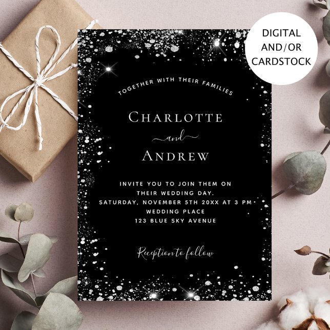 Invitación Boda elegante del purpurina de plata negra (Subido por el creador)
