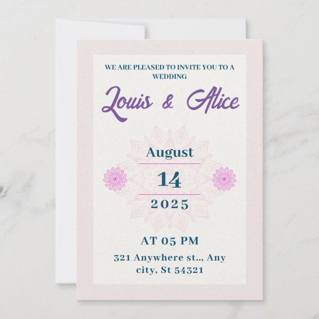 Invitación boda elegante diseño beige rosa, flores rosadas (Anverso)