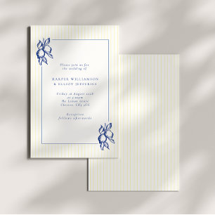 Invitación Boda Elegante Doodle Limones Azules y Rayas