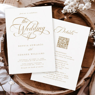 Invitación Boda elegante dorada y blanca en una sola vez