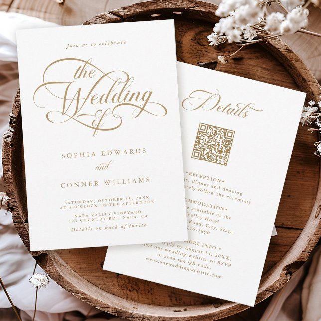 Invitación Boda elegante dorada y blanca en una sola vez (Front & Back)
