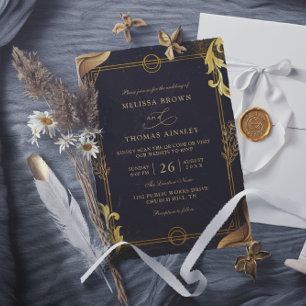 Invitación Boda elegante dorada y negra con código QR económi
