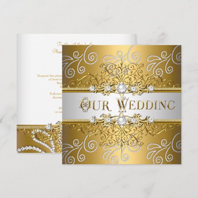 Invitación Boda Elegante dorado dorado Lace Diamante (Anverso / Reverso)