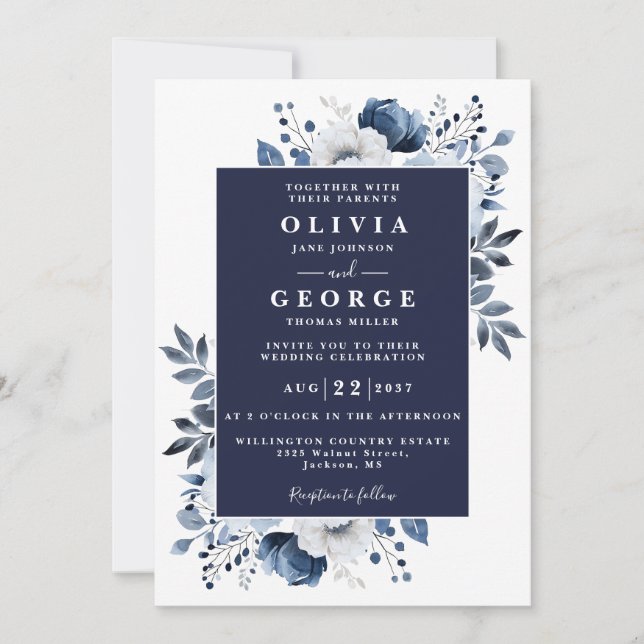Invitación Boda elegante en azul marino con código QR floral  (Anverso)