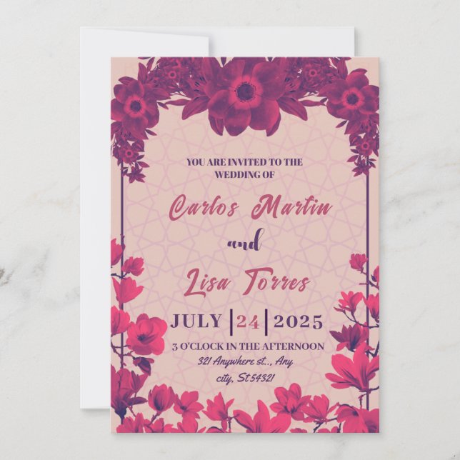 Invitación Boda elegante en beige , flores rosas (Anverso)