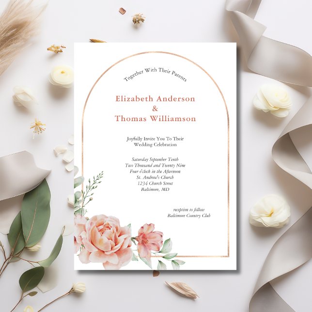 Invitación Boda elegante en el borde del arco floral rosado (Peach Floral Rose Gold Arch Watercolor Greenery Wedding Invitation Elegant Modern)