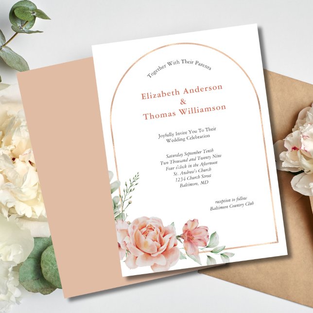 Invitación Boda elegante en el borde del arco floral rosado (Peach Floral Elegant Modern Arch Wedding invitation)