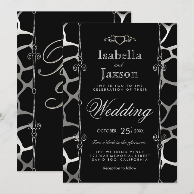 Invitación Boda elegante en el patrón de jirafa plateada y ne (Anverso / Reverso)