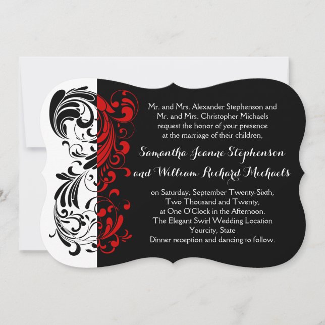 Invitación Boda elegante en forma de Swirl negro/blanco/rojo (Anverso)