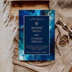 Invitación Boda elegante en la playa con océano costero azul 