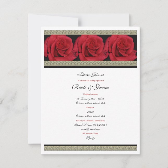 Invitación Boda elegante en rojo dorado negro (Anverso)