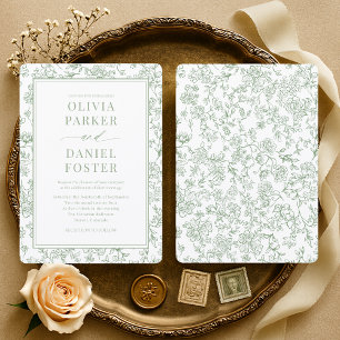 Invitación Boda elegante en verde salvia con toile francés