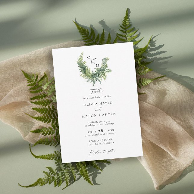 Invitación Boda elegante Escudo de Bosque de Montaña (enchanted forest wedding invitation botanical crest ferns outdoors mountains sage garden whimsy)