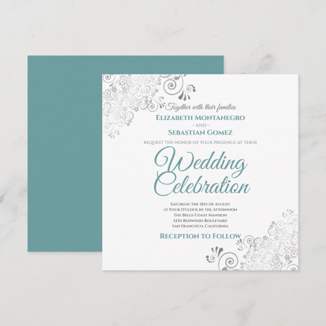 Invitación Boda elegante filigrí plateado Verde azulado y cua (Anverso / Reverso)