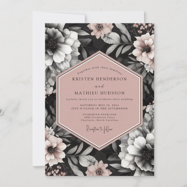 Invitación Boda Elegante Flor de Carbón Rubor (Anverso)
