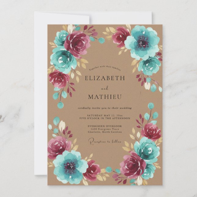 Invitación Boda Elegante Flor de Ciruelo Acuática (Anverso)