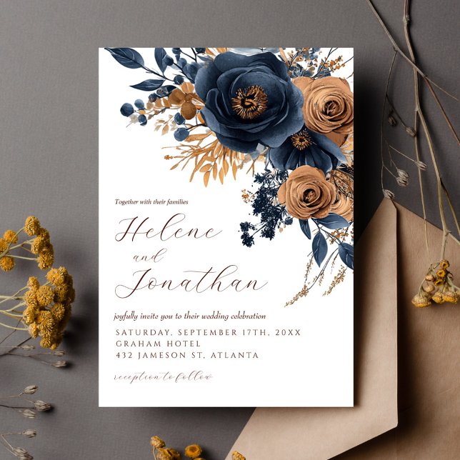 Invitación Boda elegante floral acuarela óxido azul marino (Navy Blue Rust Watercolor Floral Elegant Wedding Invitation)