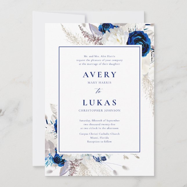 Invitación Boda elegante floral azul blanca (Anverso)