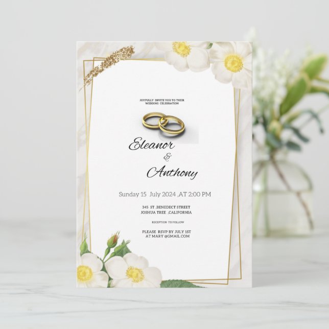 Invitación Boda elegante floral blanca (Anverso de pie)