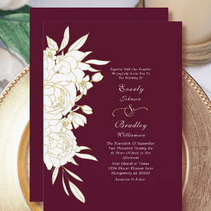 Invitación Boda elegante floral blanca borgoñona oscura