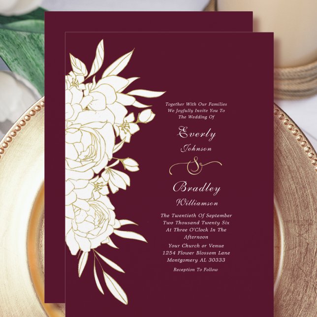 Invitación Boda elegante floral blanca borgoñona oscura (Subido por el creador)