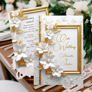 Invitación Boda elegante floral blanca con diamantes y oro en