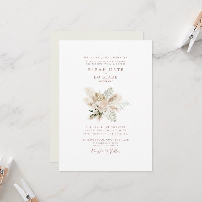Invitación Boda elegante floral boho neutral (Anverso/Reverso In Situ)