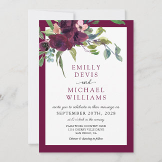Invitación Boda elegante floral borgoña acuarela