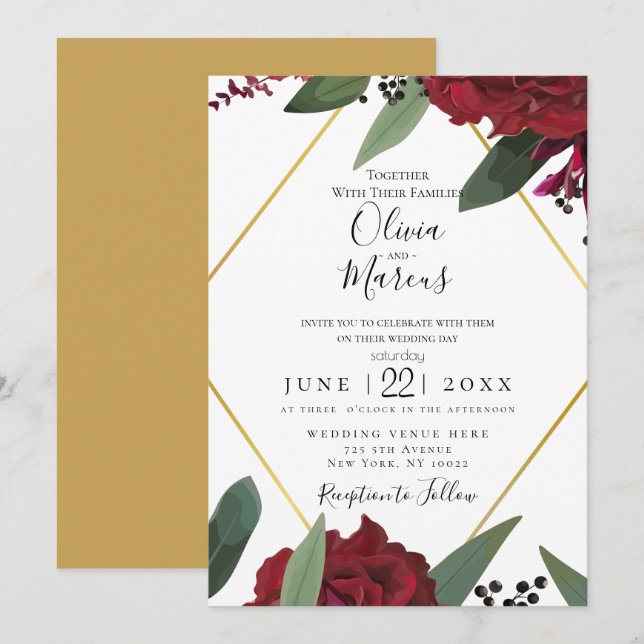 Invitación BODA | Elegante Floral Borgoña Marsala 2 (Anverso / Reverso)