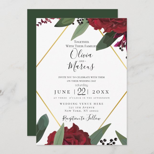 Invitación BODA | Elegante Floral Borgoña Marsala 2 (Anverso / Reverso)