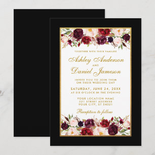 Invitación Boda Elegante Floral Burgundy Marco Negro Dorado