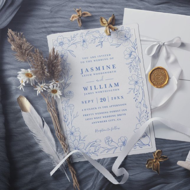 Invitación Boda elegante floral con código QR blanco y azul (Subido por el creador)