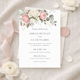 Invitación Boda elegante floral con verde y rosa pálido