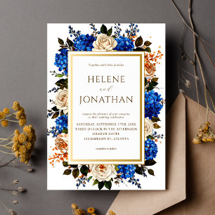 Invitación Boda elegante floral de acuarela azul cobalto