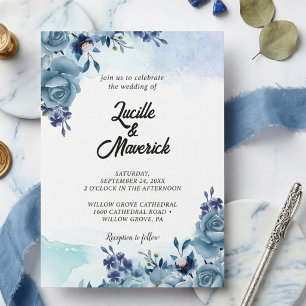 Invitación Boda elegante floral de acuarela azul polvoriento