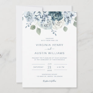 Invitación Boda elegante floral de azul polvoriento