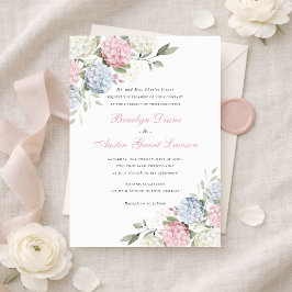 Invitación Boda elegante floral de hortensias rosadas y azule