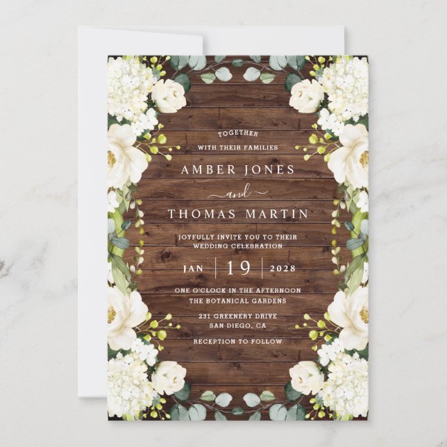 Invitación Boda elegante floral de madera rústica marfil blan (Anverso)