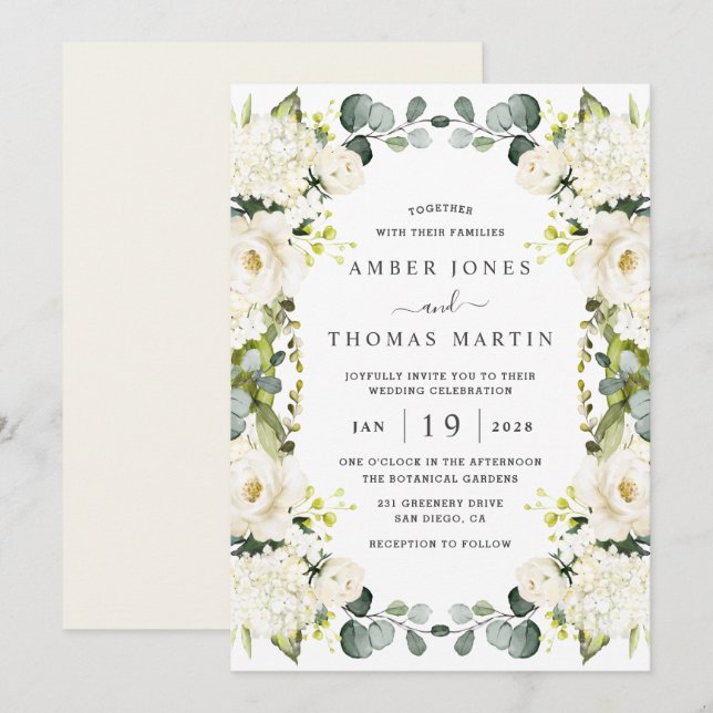 Invitación Boda elegante floral de marfil blanco (Anverso / Reverso)