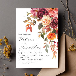 Invitación Boda elegante floral de Naranja quemado en Borgoña