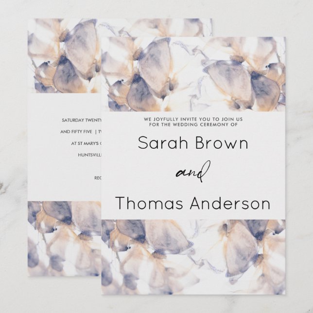 INVITACIÓN BODA ELEGANTE FLORAL DE PATELES BLANCO Y AZUL (Anverso / Reverso)