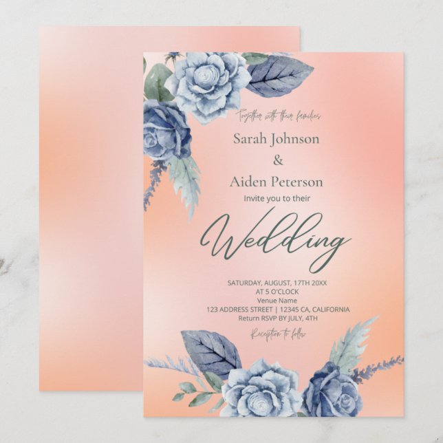 Invitación Boda elegante floral en durazno y azul polvoriento (Anverso / Reverso)