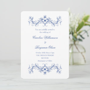 Invitación Boda elegante floral francesa azul y blanca