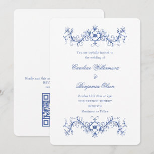 Invitación Boda elegante floral francesa azul y blanca QR 
