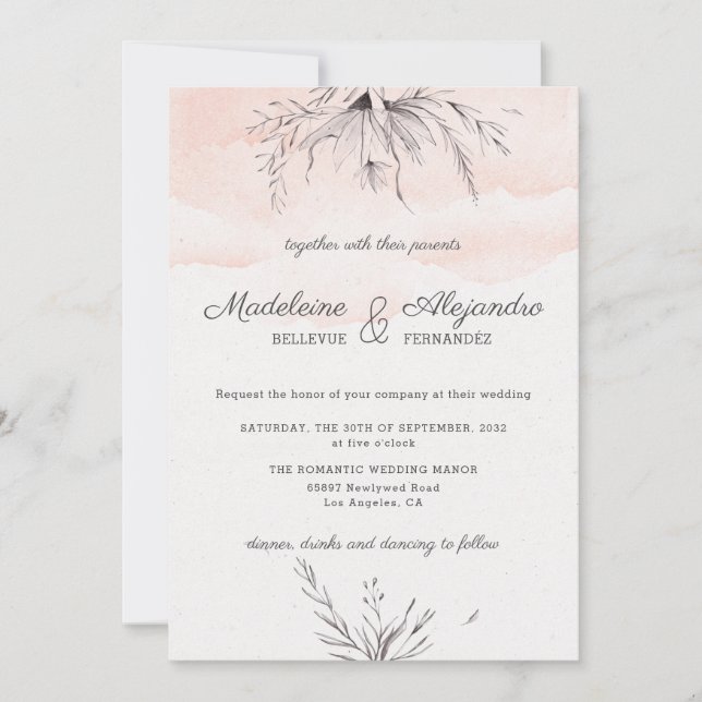 Invitación Boda elegante floral gris y rosa (Anverso)
